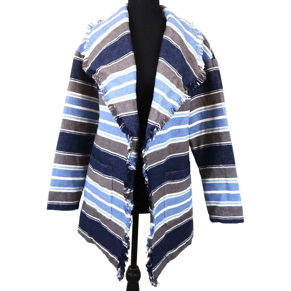 Wonderly Blue Gray Striped WOOL Blend Cardigan Jacket Knit Open Front Fringe SM